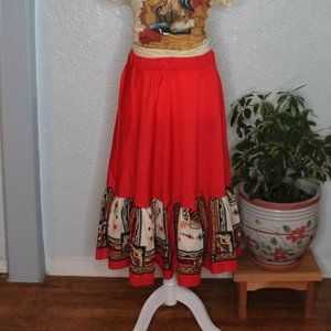 Red Midi Flowy Full Bandanna Ruffle Skirt